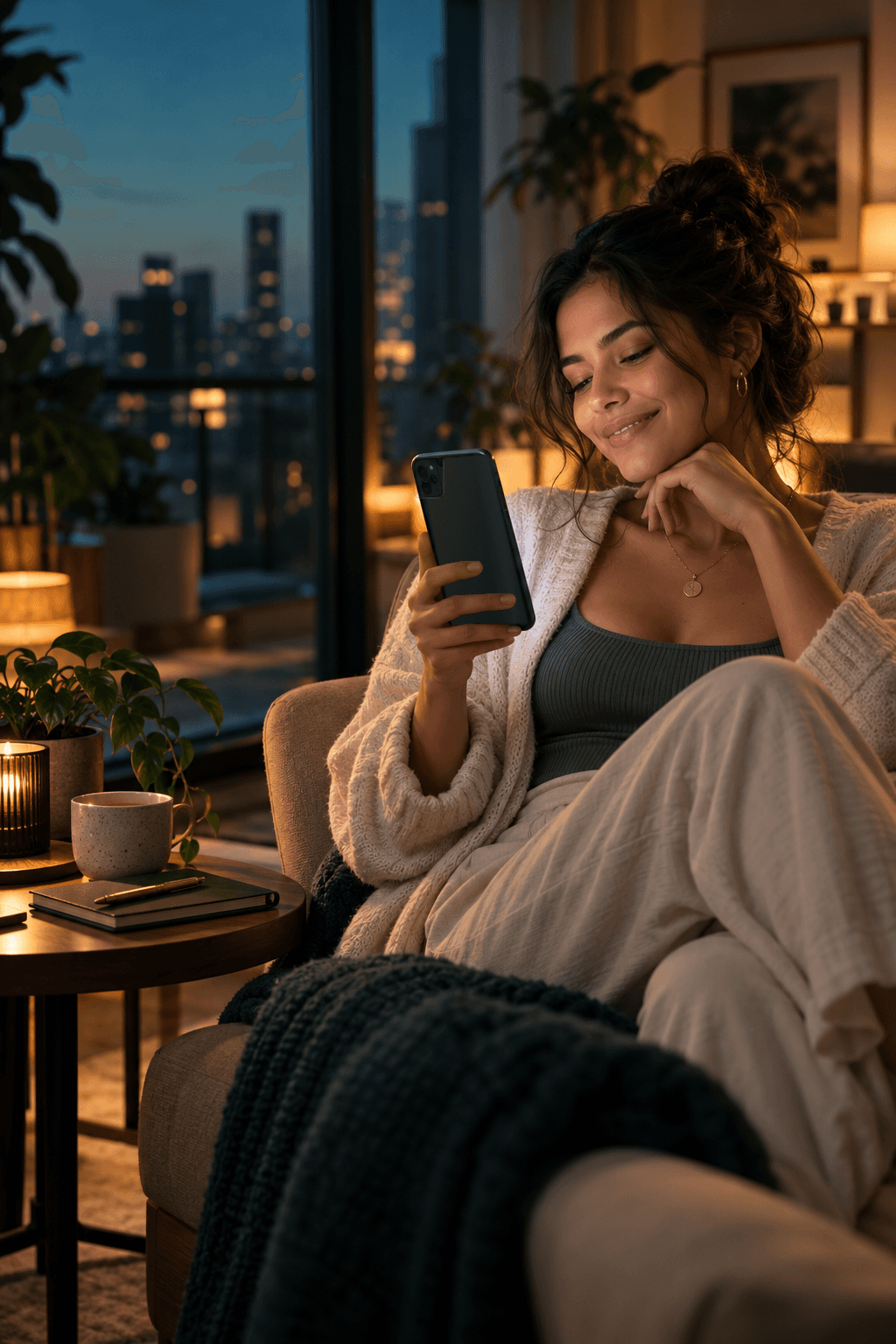 Mulher relaxada no sofá, sorrindo enquanto usa o VidaFlow no celular