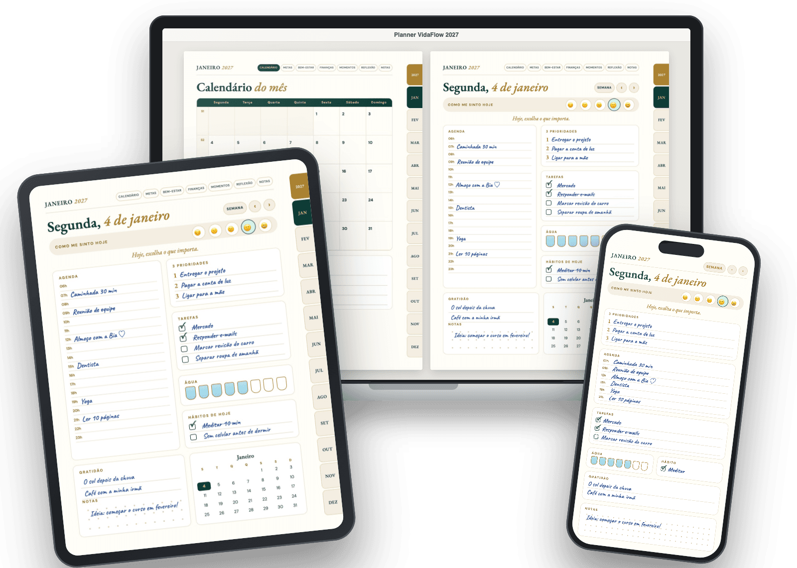 Planner 2027 aberto num notebook, num iPad e num celular