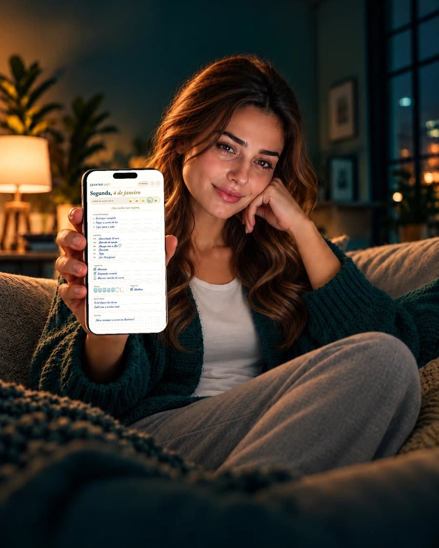 Mulher sorrindo no sofá mostrando o Planner VidaFlow 2027 aberto no celular