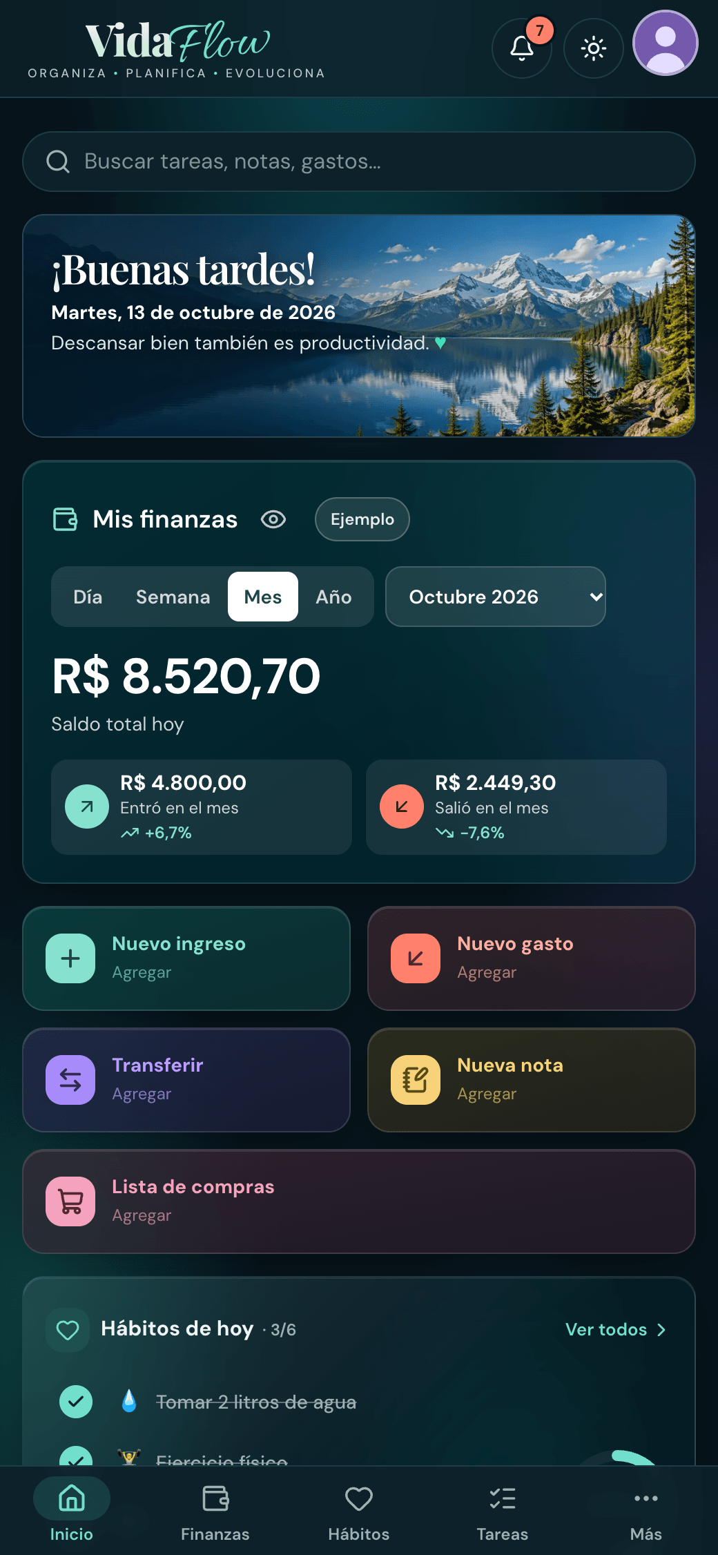 VidaFlow en el celular (datos de ejemplo)