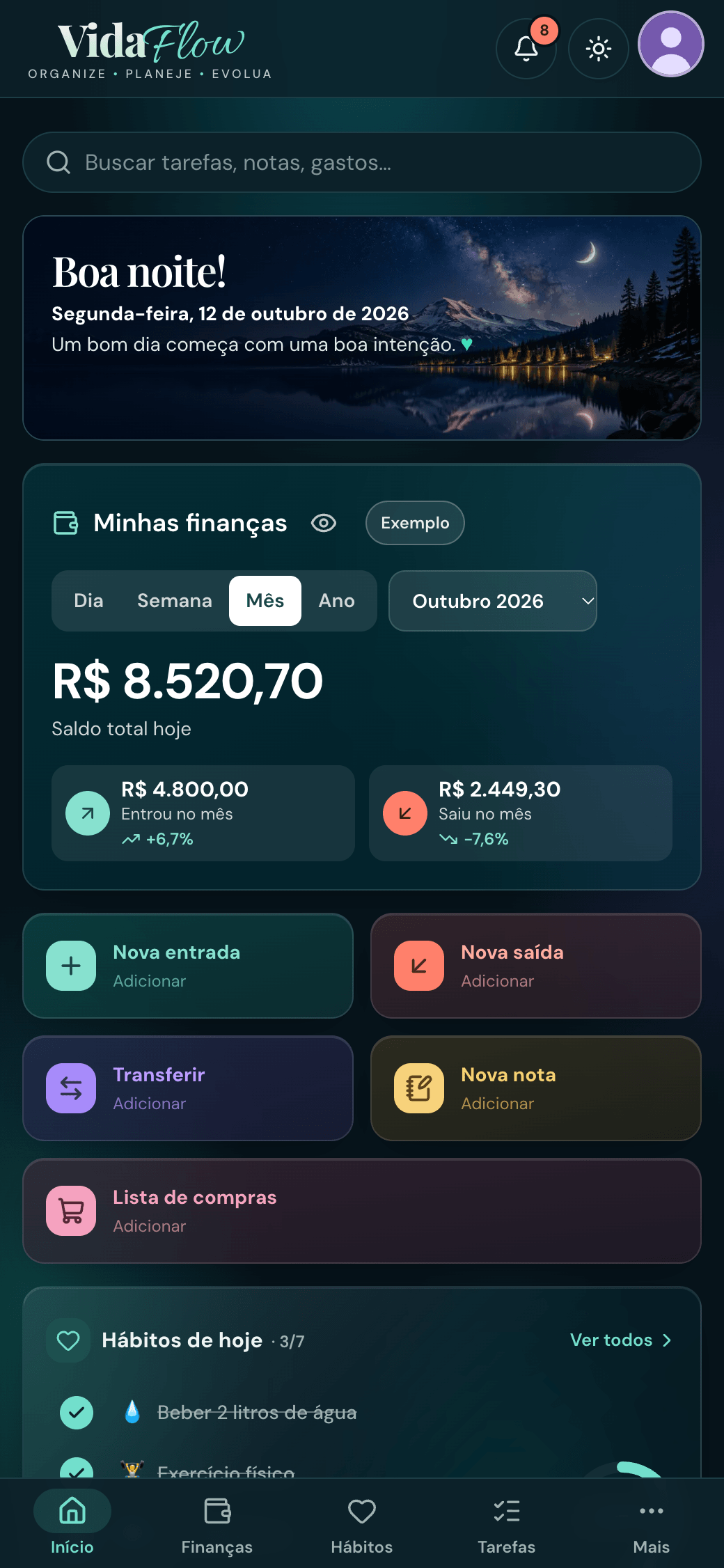 VidaFlow no celular (dados de exemplo)
