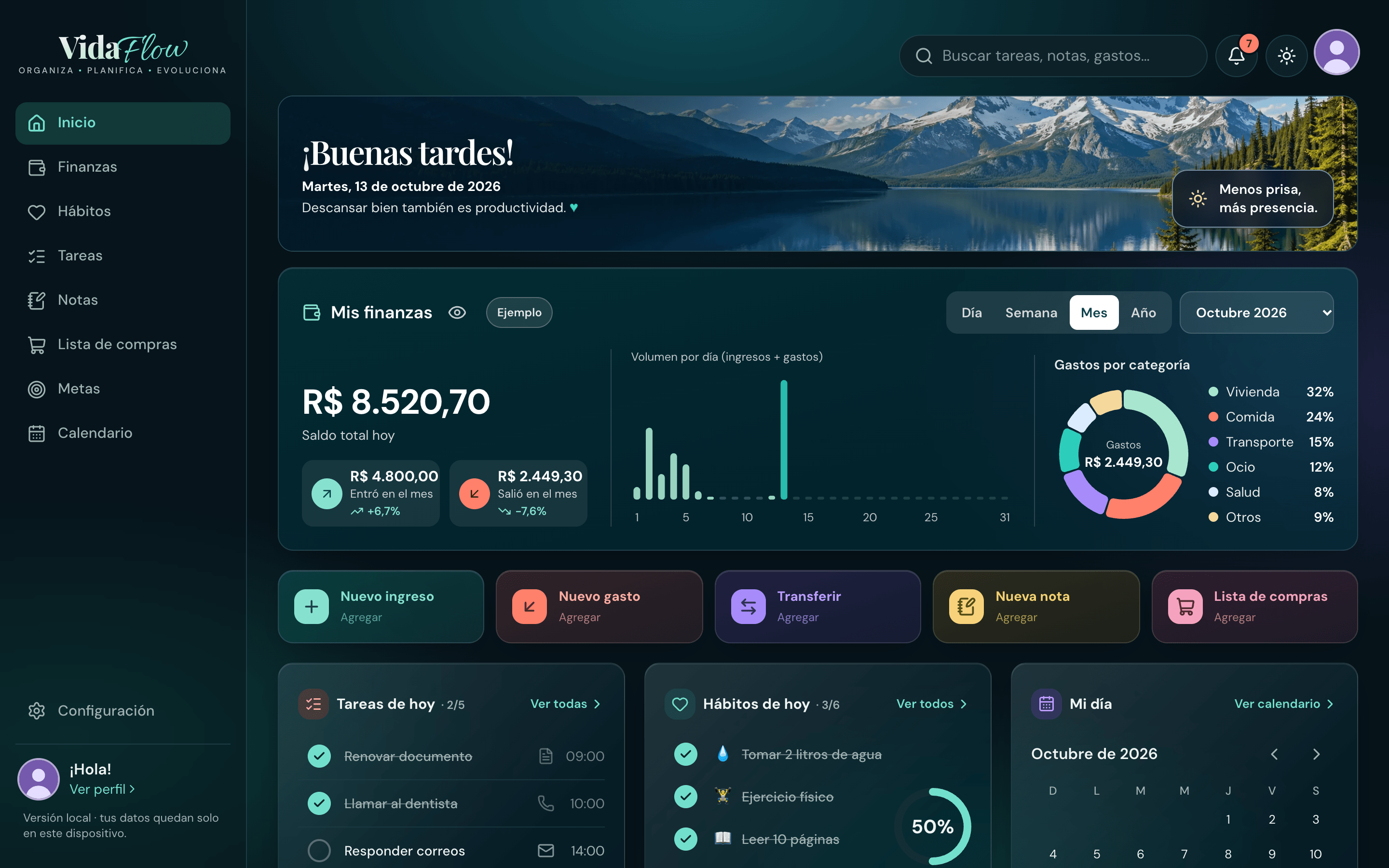 Pantalla de inicio de VidaFlow en la computadora, con finanzas, tareas y hábitos (datos de ejemplo)