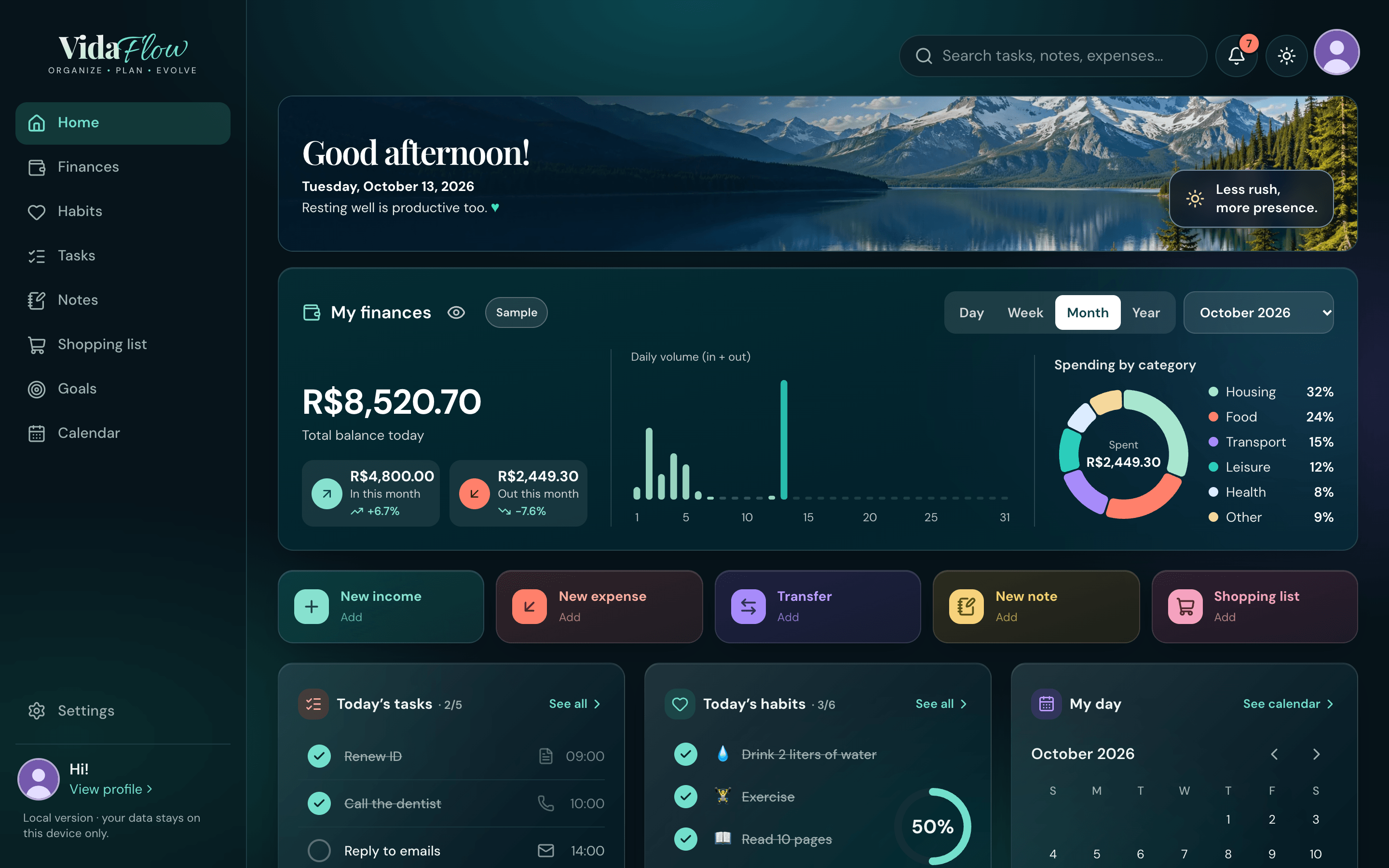 VidaFlow home screen on a computer, with finances, tasks and habits (sample data)